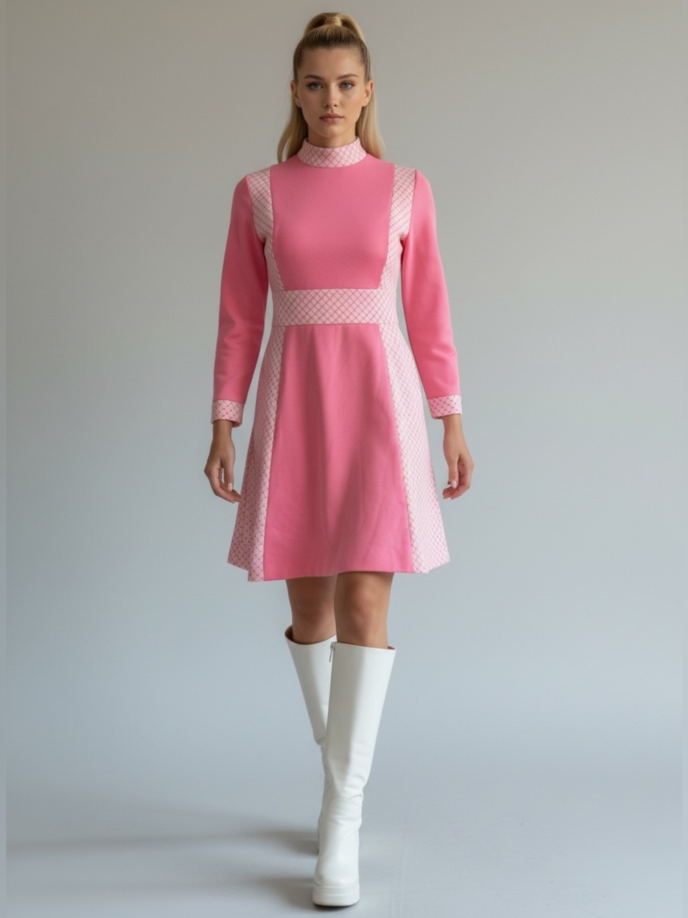 Vintage 60’s / 70’s  High Neck A-Line Mini Dress In Pink & White | Size 6